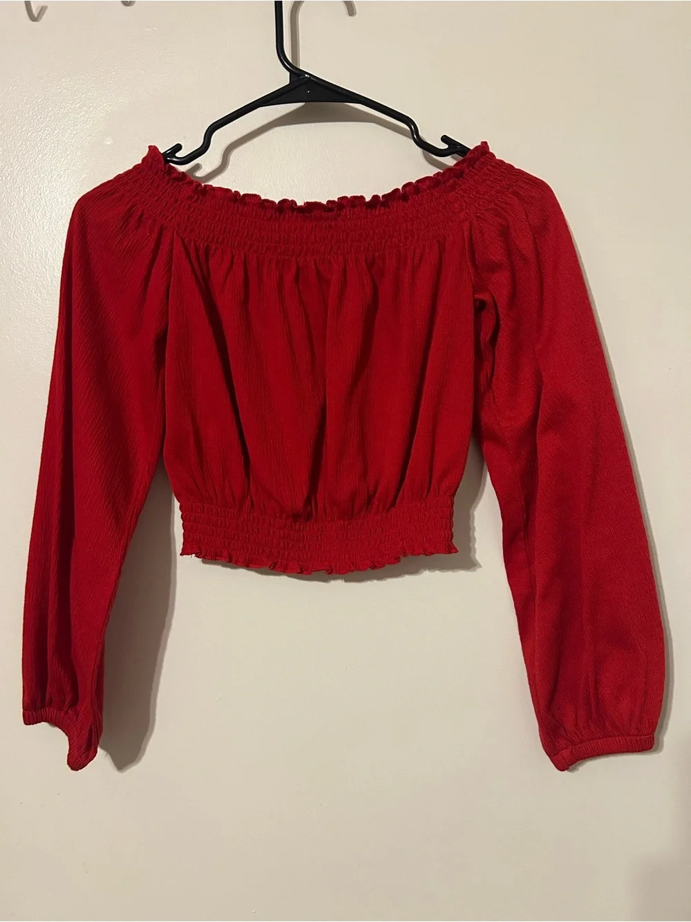 H&M Red Off-the-Shoulder Smocked Crop Top